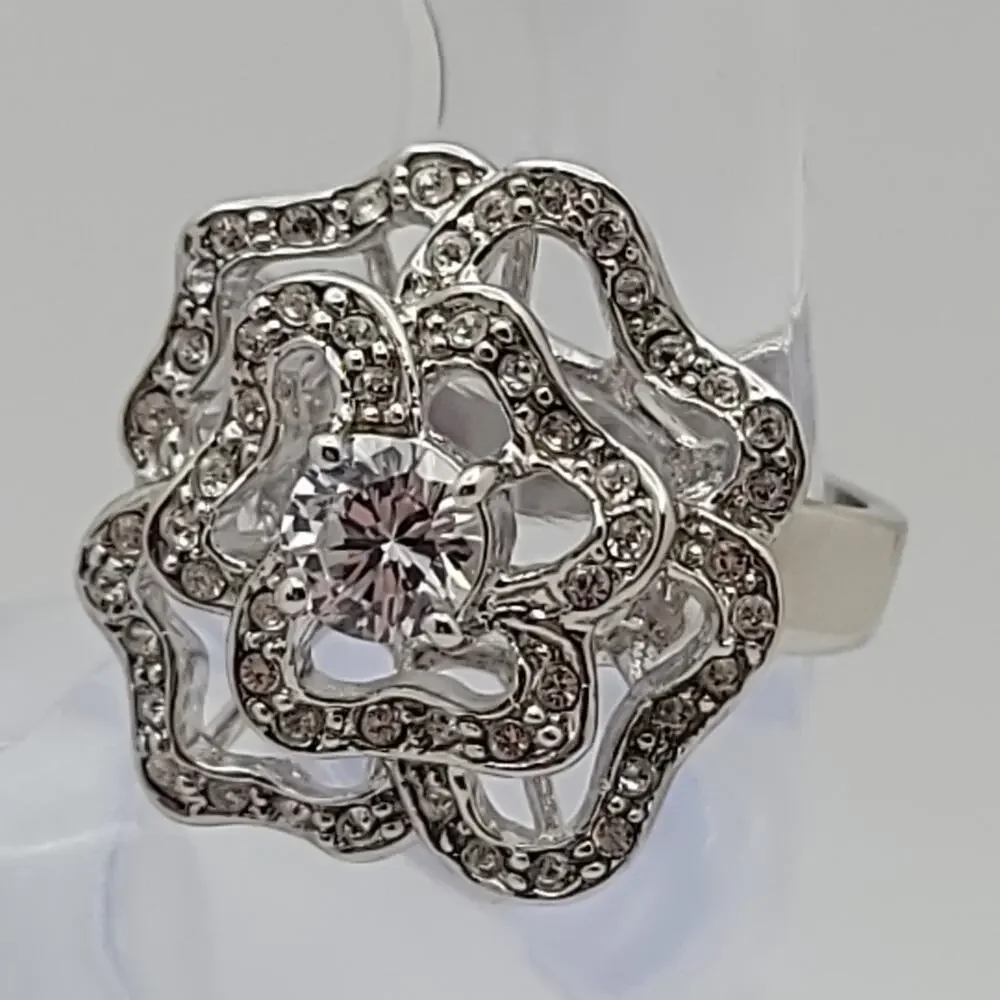 Vintage Nolan Miller Silver-tone Cubic Zirconia Floral Statement Ring